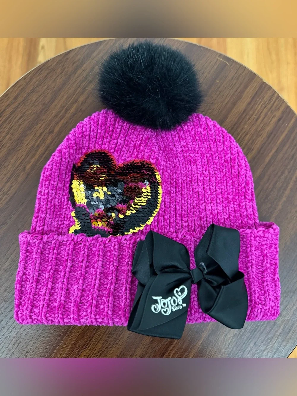 JoJo Siwa Hot Pink Beanie with Black Pom, Black Bow & Sequin Heart 🖤🩷